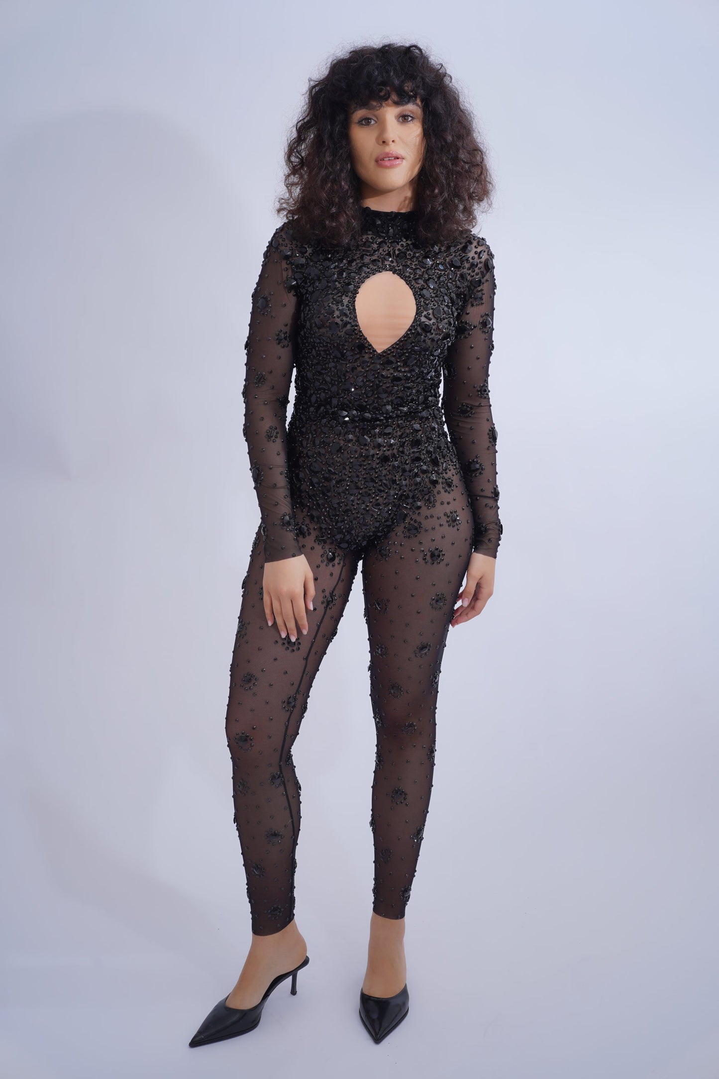 Open Chest Black Rhinestone Catsuit