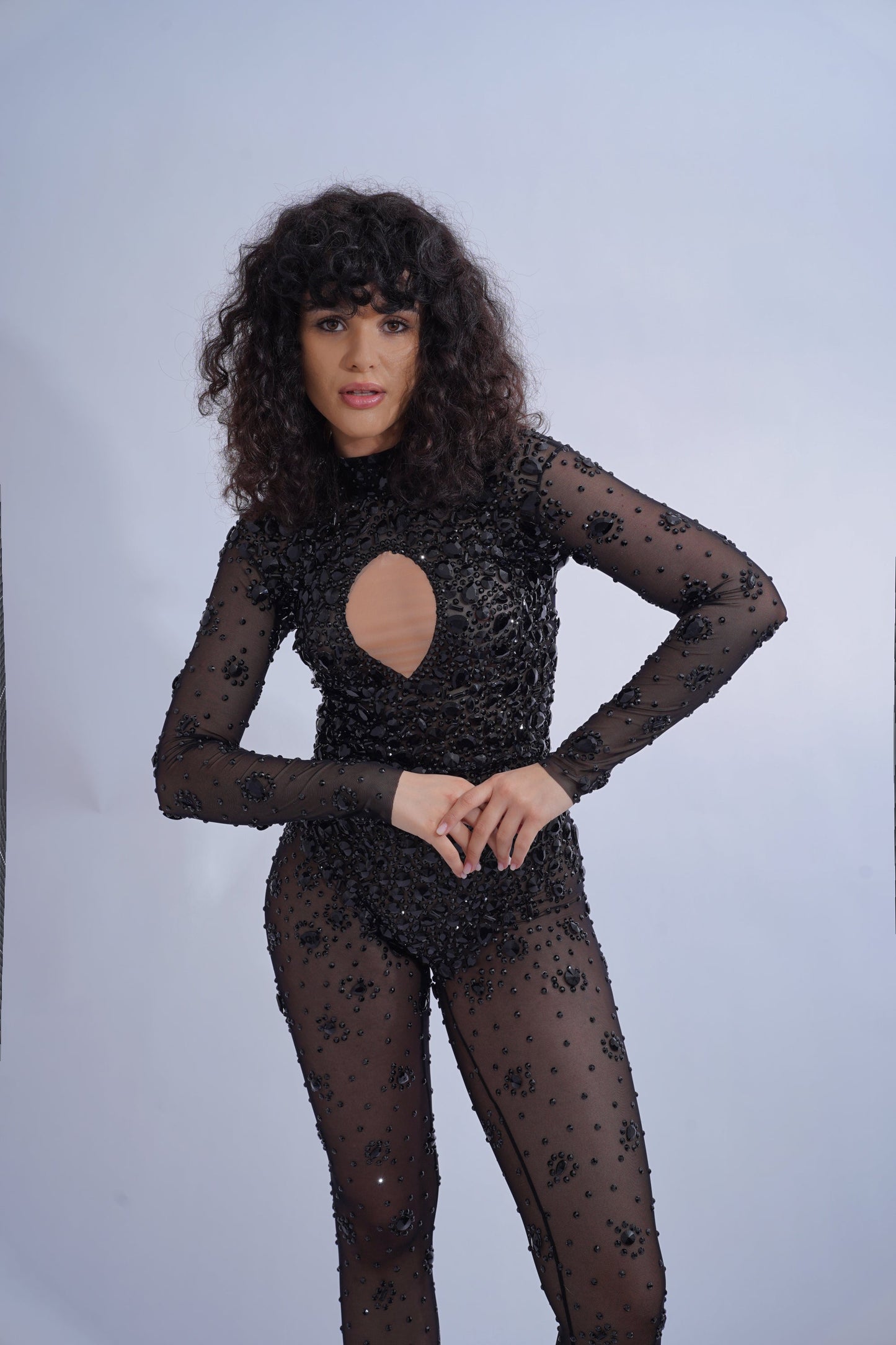 Open Chest Black Rhinestone Catsuit