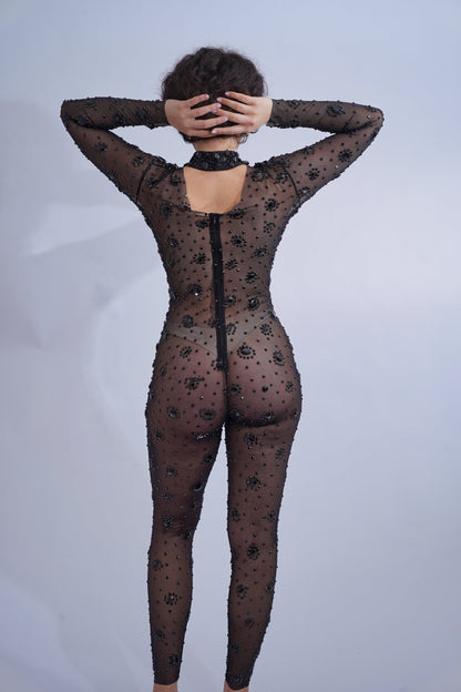 Open Chest Black Rhinestone Catsuit