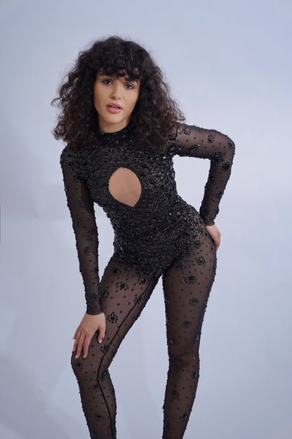 Open Chest Black Rhinestone Catsuit