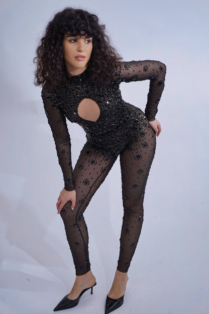 Open Chest Black Rhinestone Catsuit