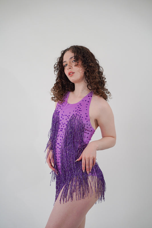 Purple Fringe Sequined Bodysuit