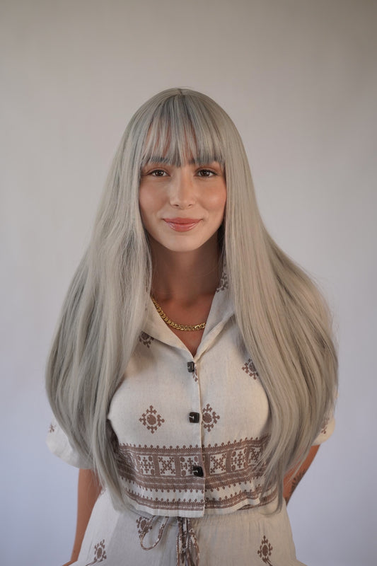 Silver Gray Wig Ash Grey Wig Ombre Gray Wig with Bangs Silver White Cosplay Wig Drag Queen Wig