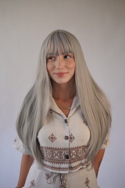 Silver Gray Wig Ash Grey Wig Ombre Gray Wig with Bangs Silver White Cosplay Wig Drag Queen Wig