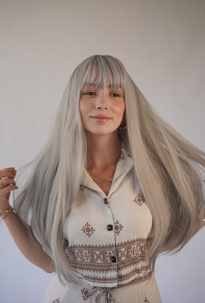 Silver Gray Wig Ash Grey Wig Ombre Gray Wig with Bangs Silver White Cosplay Wig Drag Queen Wig