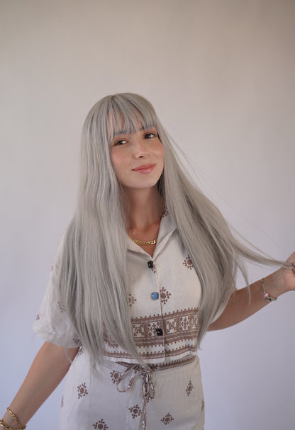 Silver Gray Wig Ash Grey Wig Ombre Gray Wig with Bangs Silver White Cosplay Wig Drag Queen Wig