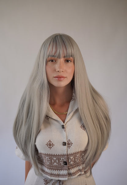 Silver Gray Wig Ash Grey Wig Ombre Gray Wig with Bangs Silver White Cosplay Wig Drag Queen Wig