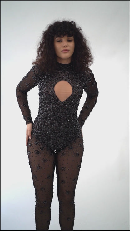 Open Chest Black Rhinestone Catsuit